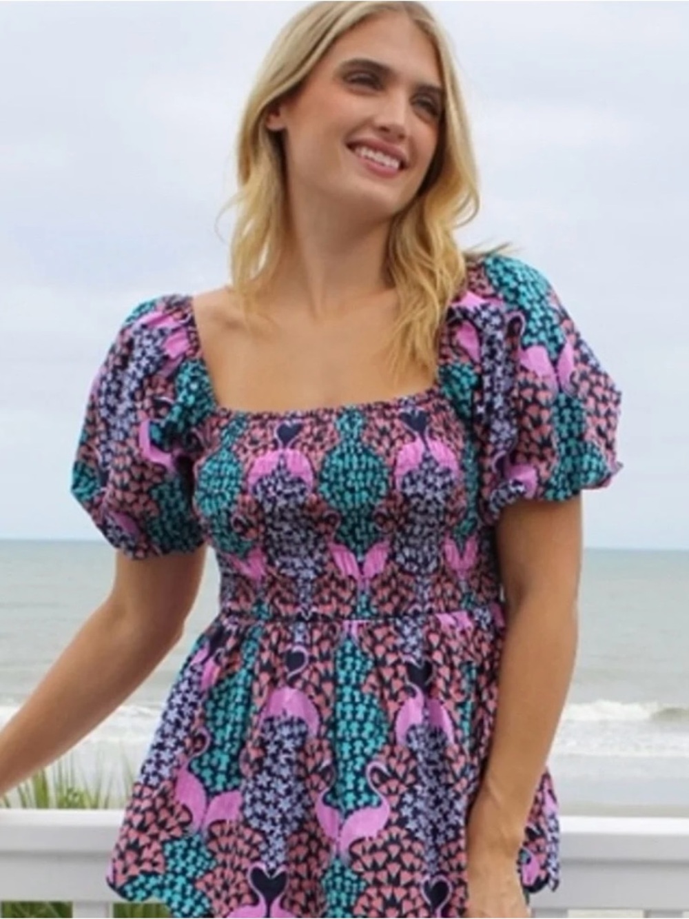 Women’s Simply Southern Smocked Puff Sleeve Top in Pink & Teal Flamingos